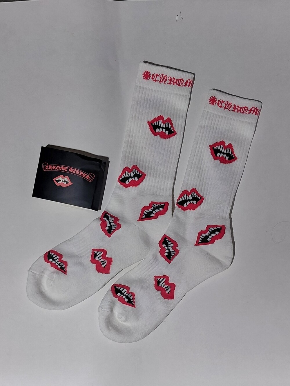 Chrome Hearts White Crew Socks with Pink Lip Embroidery
